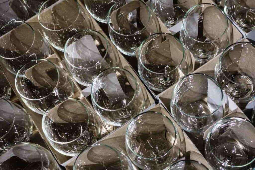 Wine glasses in a divided box ready to be wrapped with packing material, re-packed, and shipped