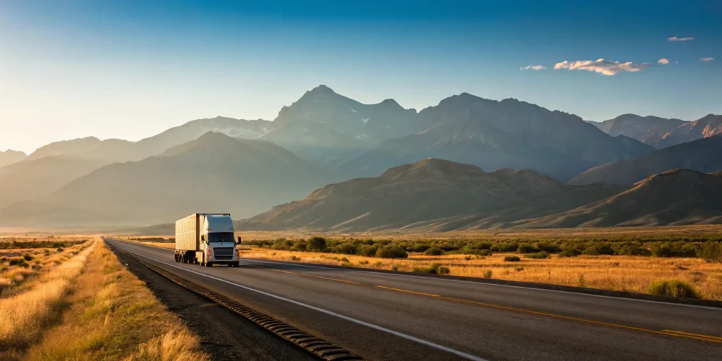 A semi truck for long distance moving services on a highway with mountains.