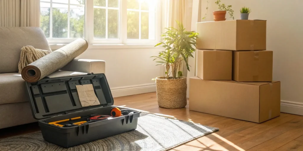 Packed boxes in a room for a long distance move, one of the cheapest moving options.