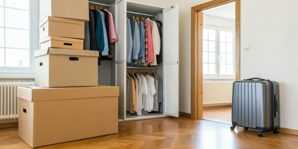 Packed moving boxes and a suitcase ready for a moving and storage solution.