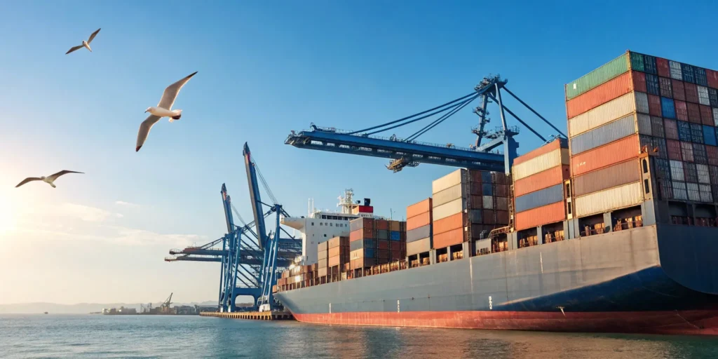 A container ship at a port being loaded by cranes for the best international movers.