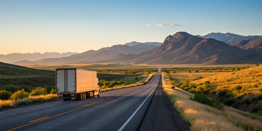 An affordable cross country moving truck driving on a scenic highway.