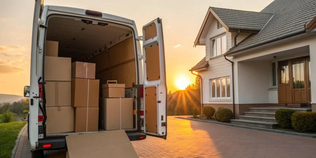 Van from one of the best small load moving companies parked with boxes outside a home.