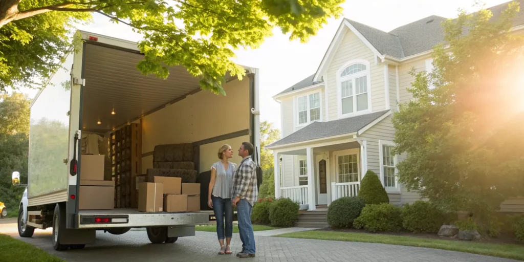 A reliable cross country moving company helps a couple move into their new home.
