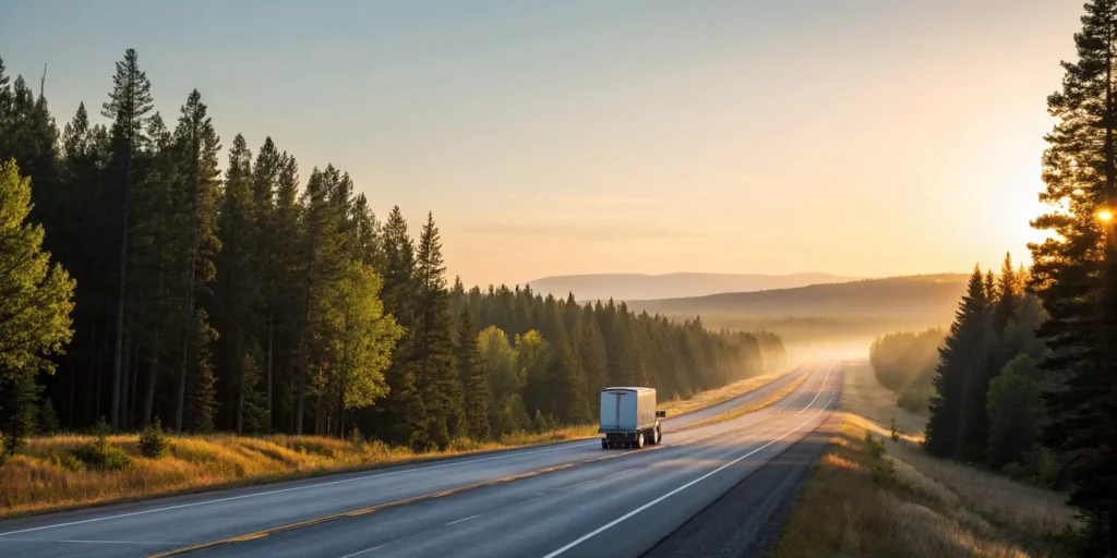 A long distance moving company truck on a highway, a key factor in moving prices.