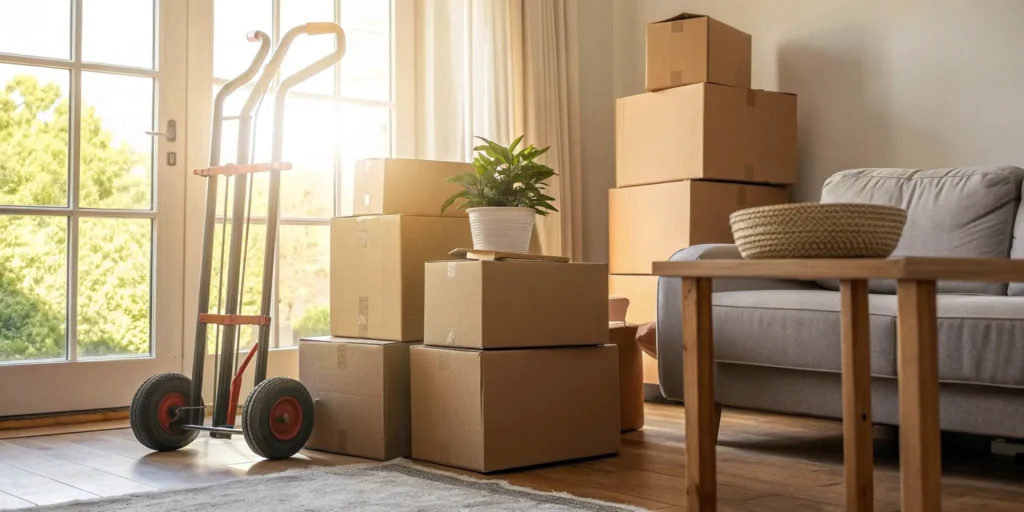 Packed boxes and a hand truck ready for a trip with affordable long distance movers.