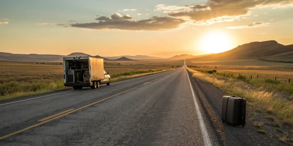 A moving truck from one of the best movers drives down a highway for a cross country move.