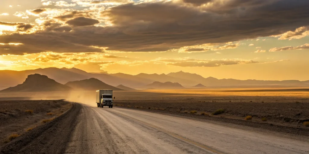 A truck from one of the cheapest cross country movers drives down a highway at sunset.