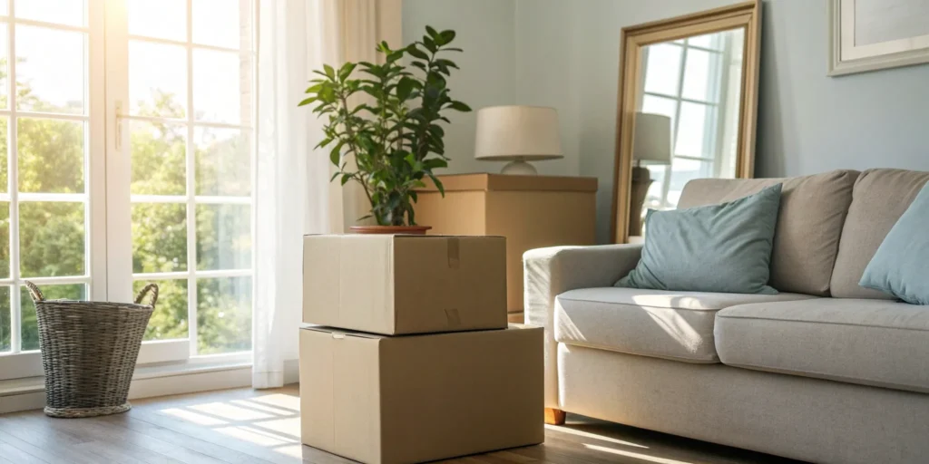 Cardboard moving boxes stacked for a small move with a professional moving company.