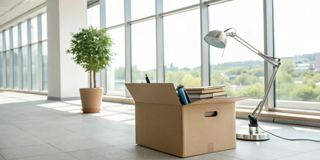 A box of office supplies packed and ready for a professional movers company.