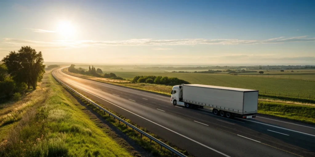 A white moving truck from an interstate movers company on a highway at sunrise.