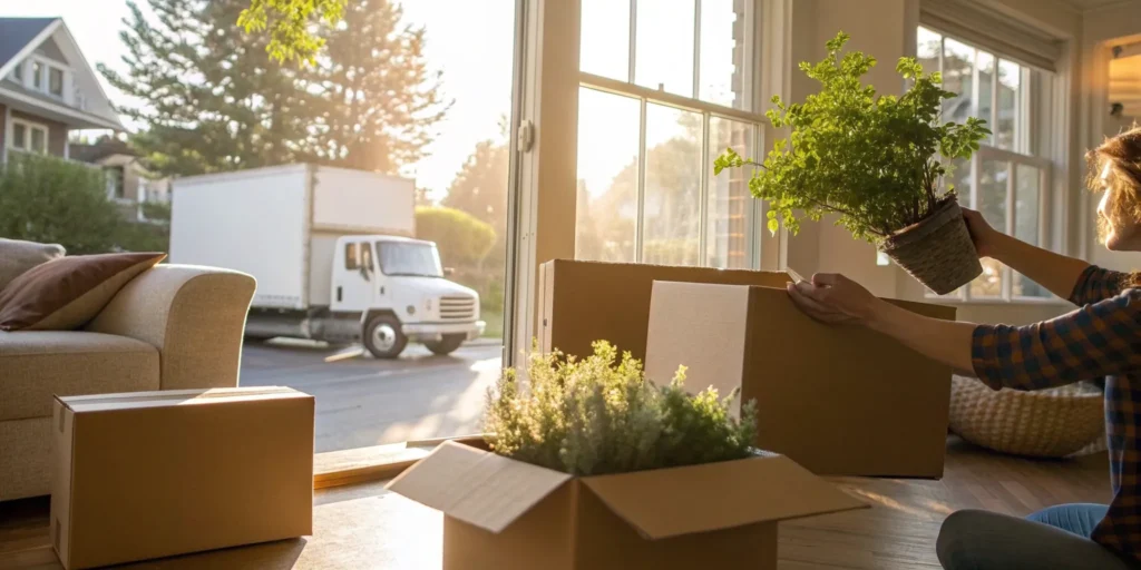 Person packing houseplants in boxes for a move handled by the best local movers.