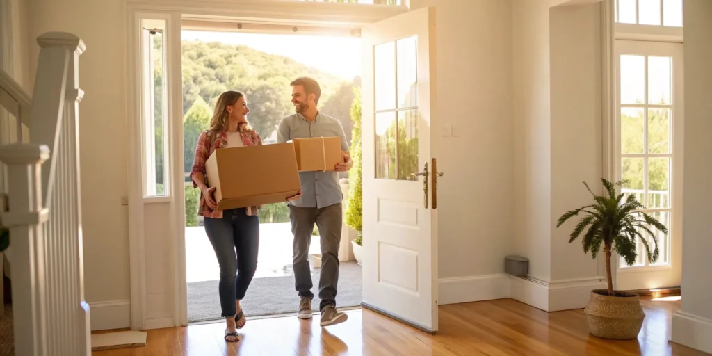 A couple happily moving into a new house after finding the best movers.