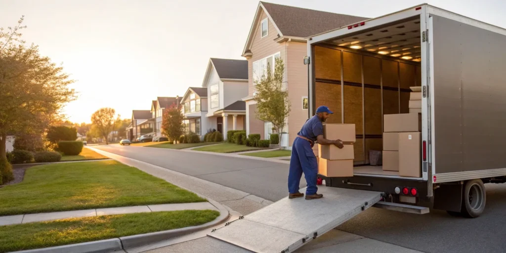 A professional from an out of state moving company loading boxes onto a moving truck.
