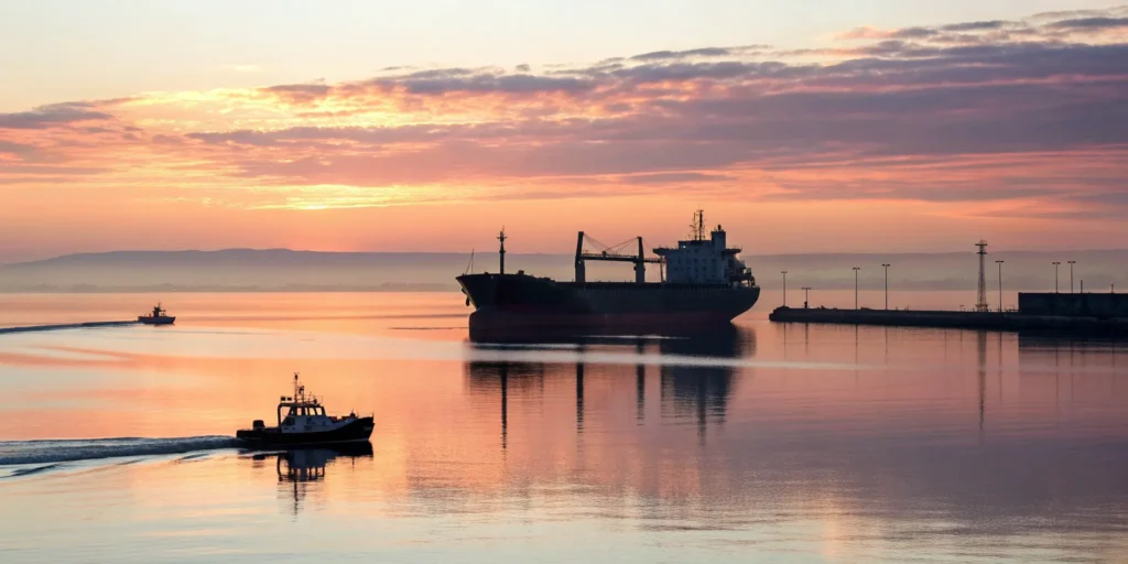 An overseas moving company uses a cargo ship to transport goods for an international move.