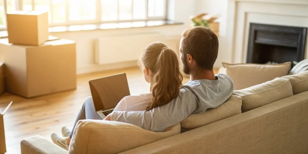 Couple researching national out of state movers reviews on a laptop among moving boxes.