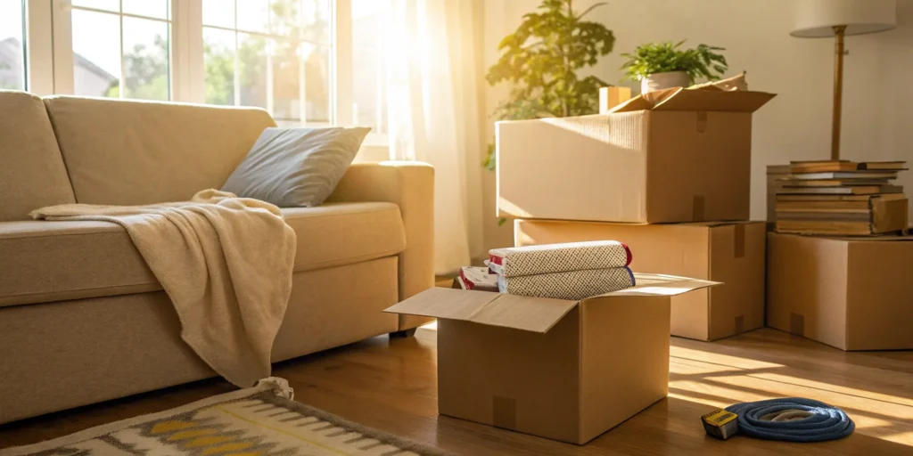 Packed cardboard boxes in a living room, a key factor in local moving company prices.