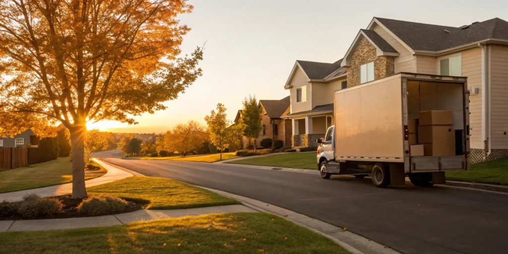 Movers loading a truck with boxes for a family moving to another state.