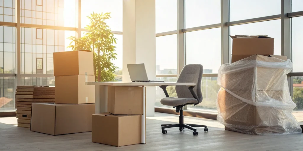 A packed office with boxes ready for relocation using a moving checklist.