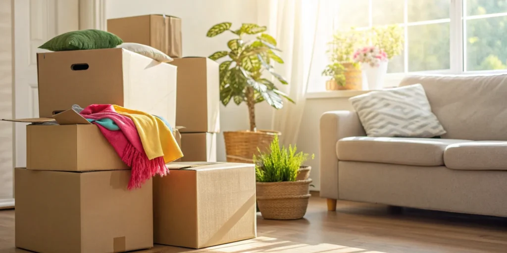 Boxes and packing supplies in a living room, ready for professional packing services for moving.