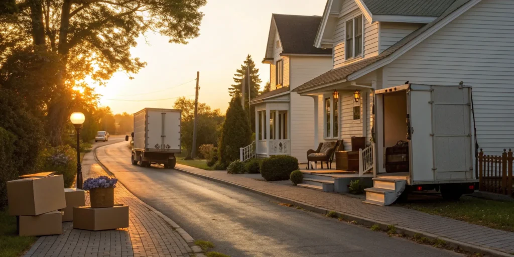 Local movers loading a moving truck with boxes for a residential move.