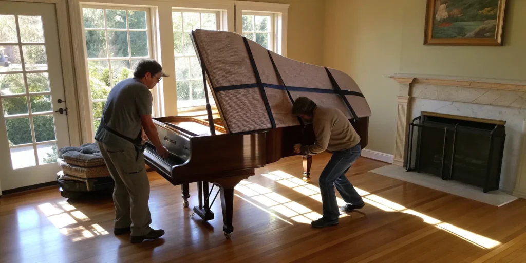 Movers from a piano moving company carefully transport a grand piano with protective padding.