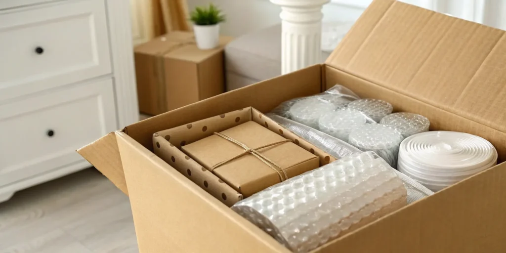 A moving box neatly organized by professional packing services with protective materials.
