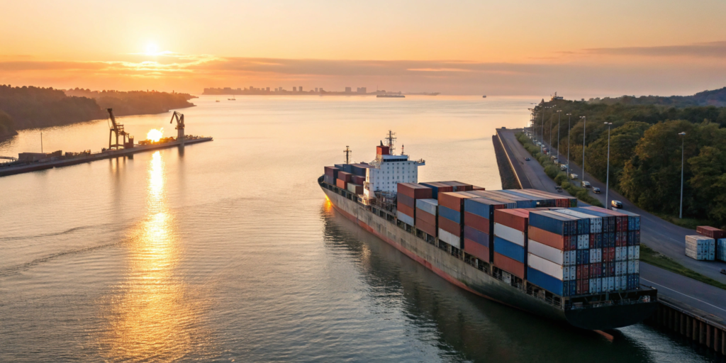 A container ship at sunrise carrying cargo for a global relocation company.