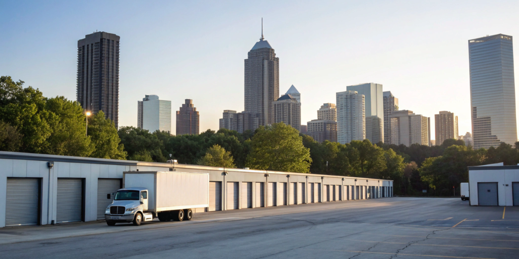 A top Atlanta, GA moving and storage company's facility with a truck and skyline view.