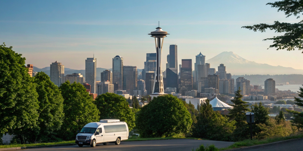 International movers in Seattle with the city skyline and Mount Rainier in the background.