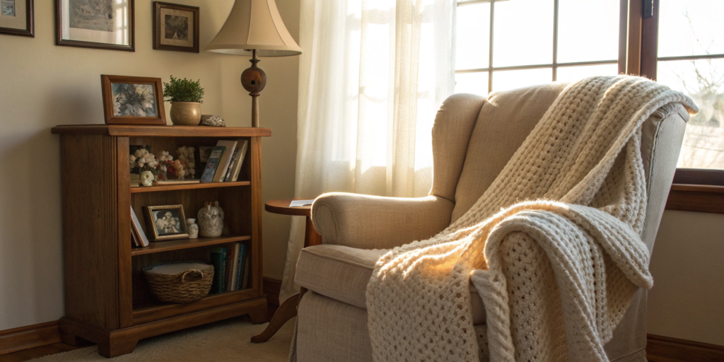 A senior's comfortable, organized living room after getting professional downsizing assistance.