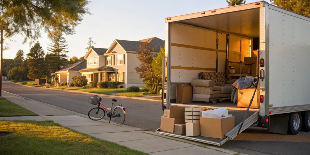 Emergency moving assistance with a truck loaded with boxes and furniture.