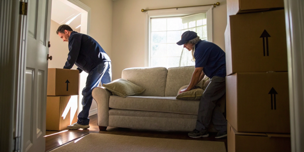 Two men hired as cheap movers for 2 hours carry a sofa and moving boxes.