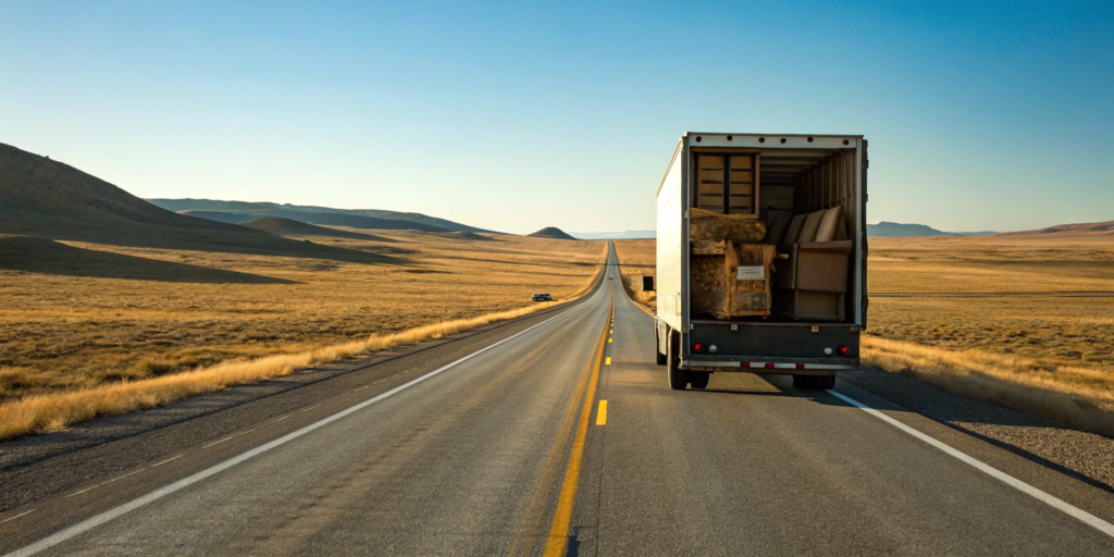 State to state movers transporting furniture in a large truck on an open highway.