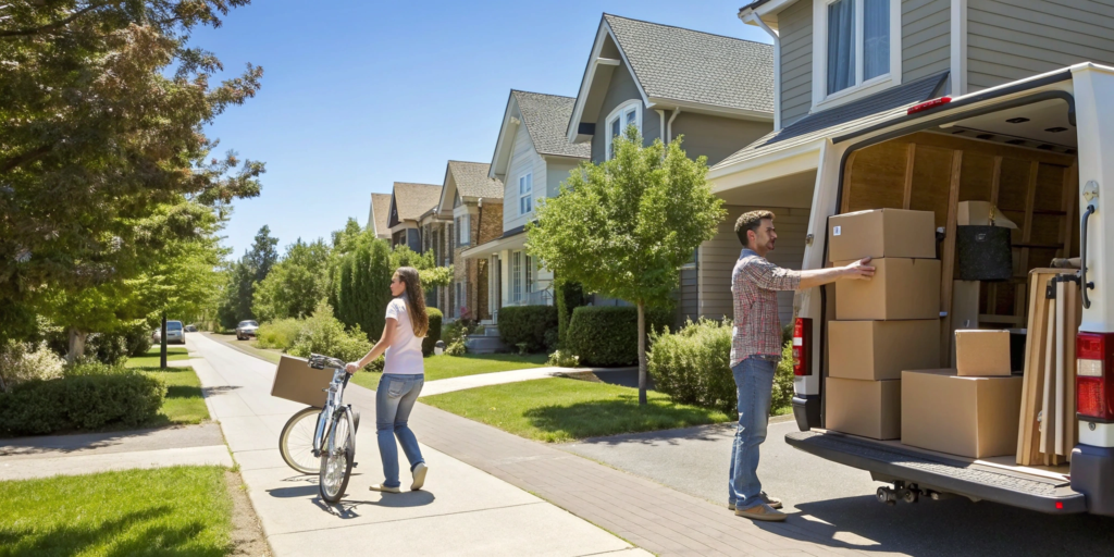 Short distance movers helping a couple unload boxes from a moving truck.