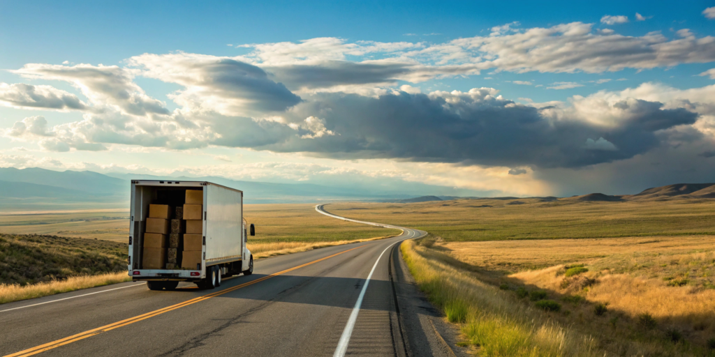 A long distance movers truck on a highway, a key factor in how much your move will cost.