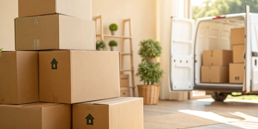 Packed office boxes and a moving van from a small business mover.