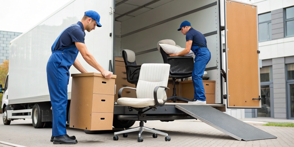 Professional commercial movers loading office furniture into a moving truck.