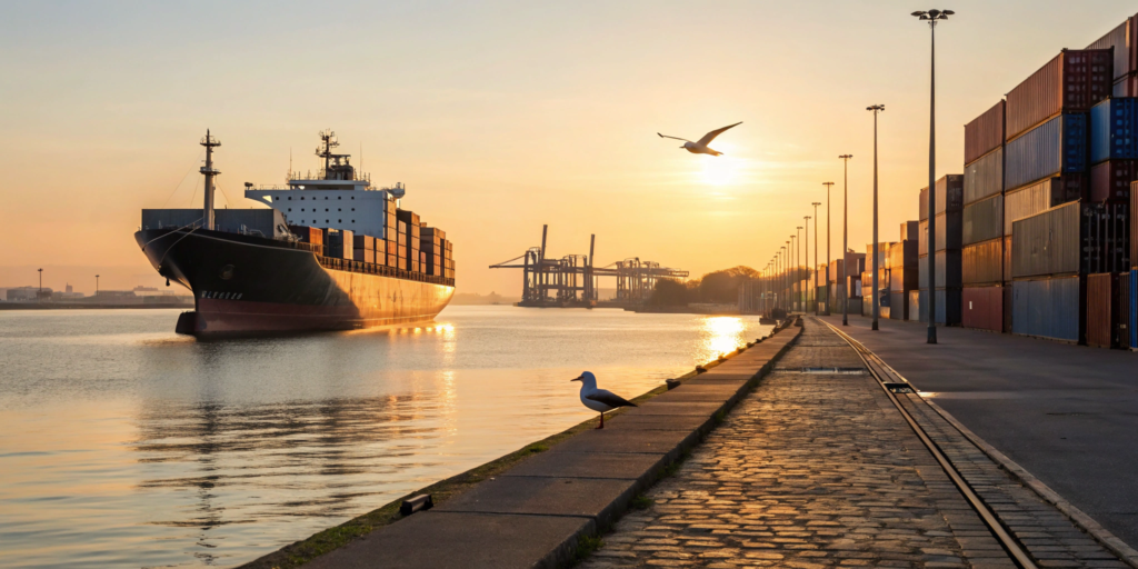 A cargo ship at port loaded with containers for an international moving company.
