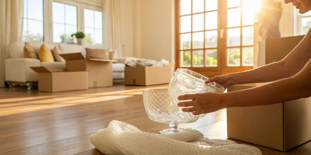 Long distance movers and packers carefully wrapping fragile glassware into a moving box.