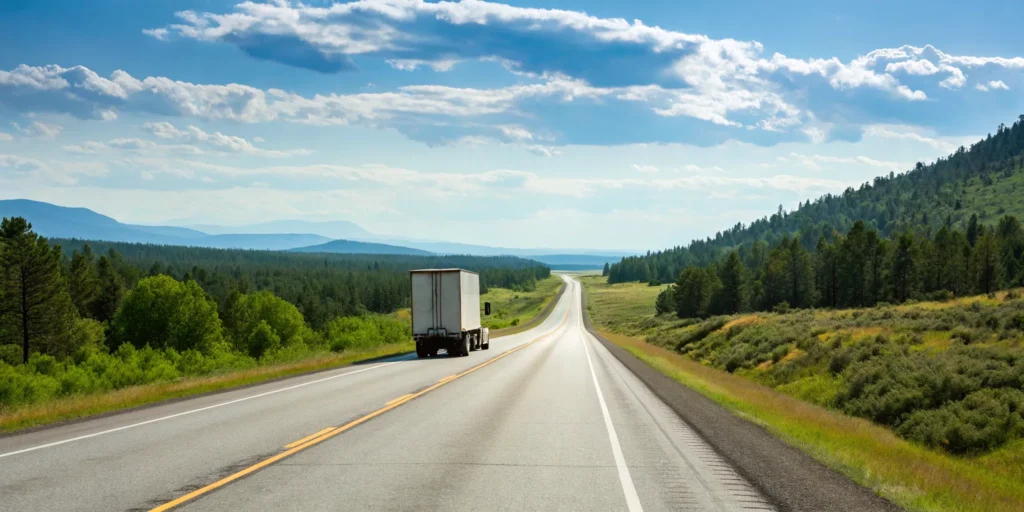 Movers transport belongings in a truck on a highway from one state to another.