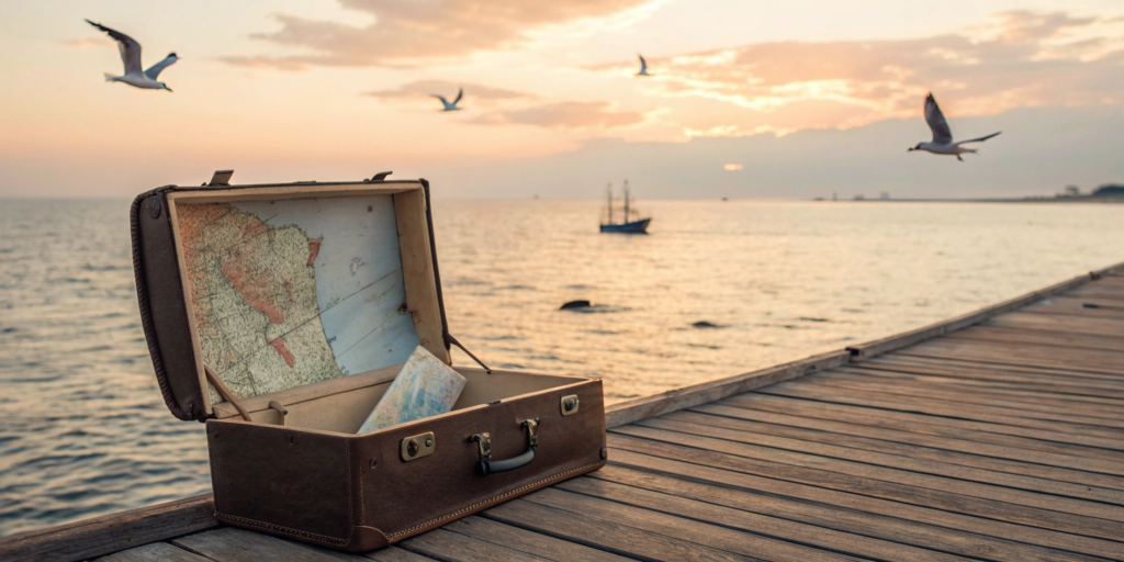 A suitcase and map on a pier, planning the shipping cost for a move from the US to Europe.