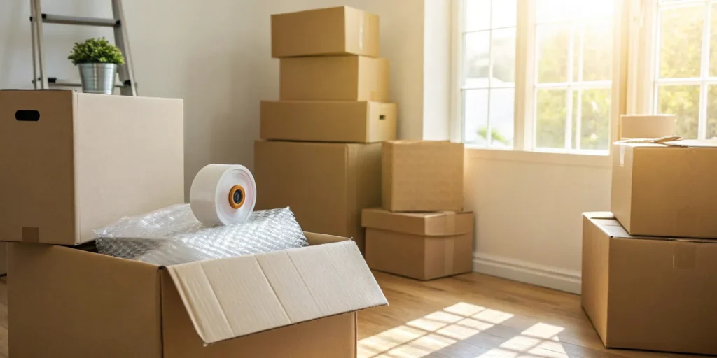 Moving boxes and packing supplies ready for packers, a key factor in the final moving cost.