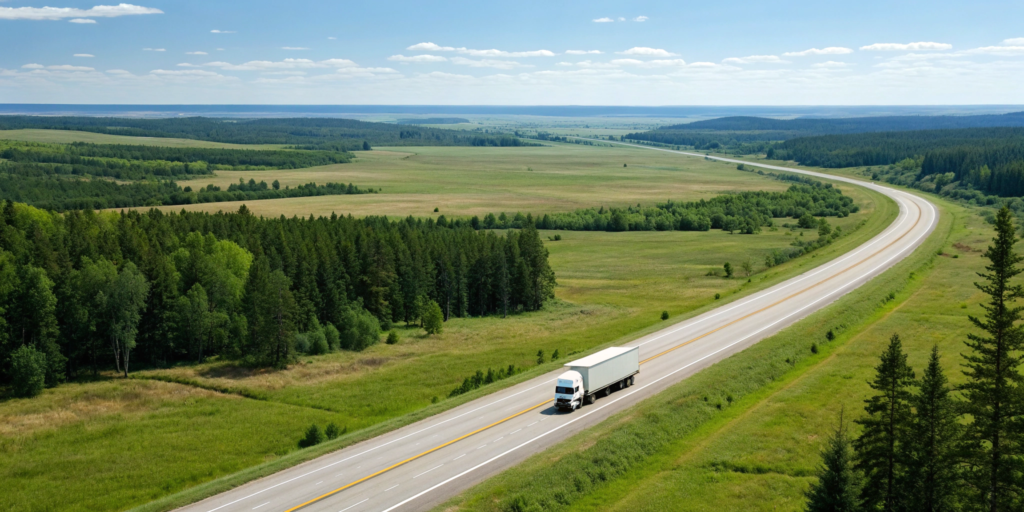 A moving truck on a highway, a major factor in the cost of state to state movers.
