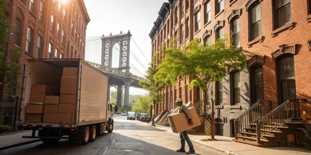 Mover loading a moving and storage truck with boxes in Brooklyn, NY.