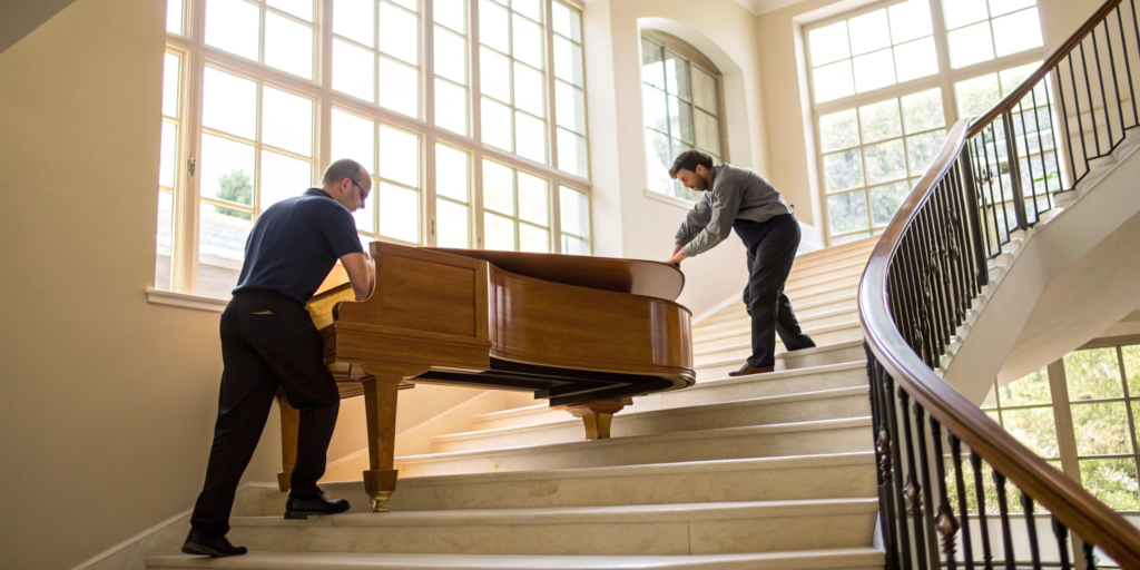 Professional piano movers carefully maneuvering a grand piano up a staircase.