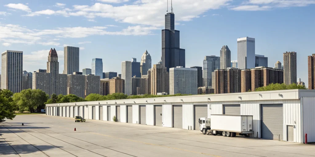 A moving truck for movers with storage in Chicago outside a warehouse with the city skyline.