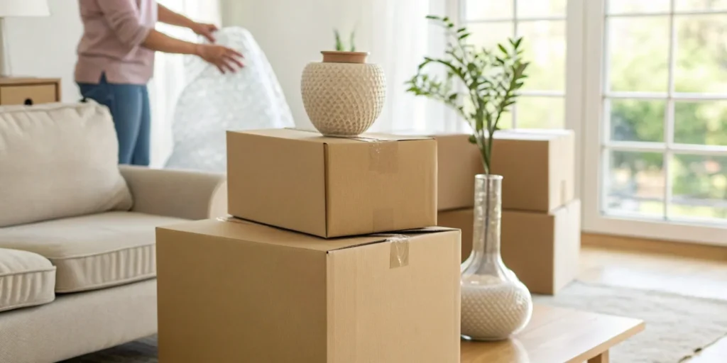 Professional packers for moving carefully packing belongings into sturdy boxes.