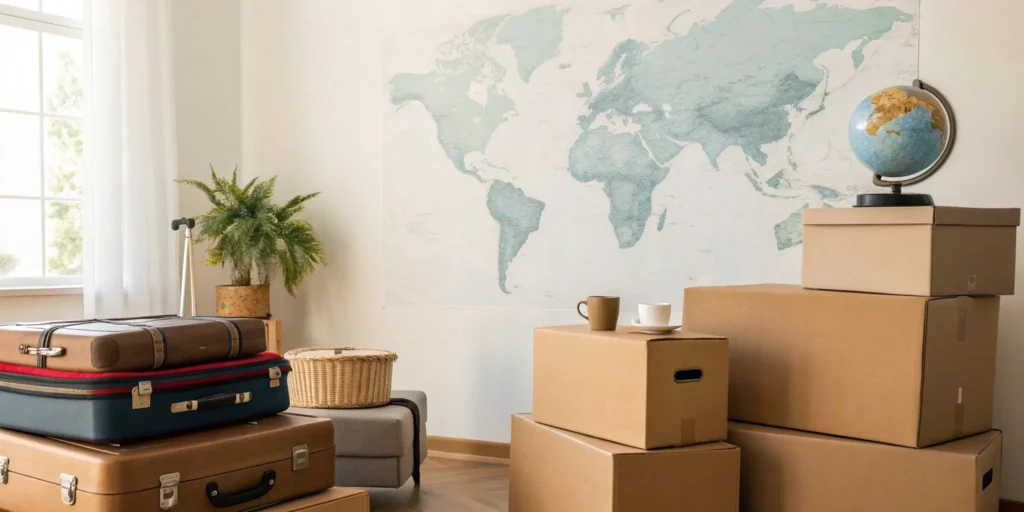 A globe with moving boxes, ready for an international move after checking company reviews.