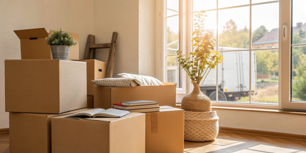 A room of packed boxes with a truck outside from one of the top movers and packers in the USA.